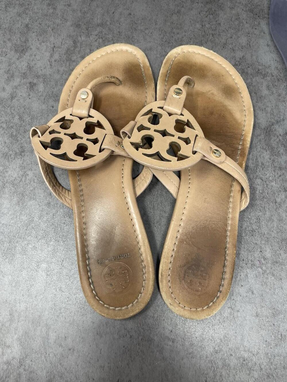 Tory Burch Miller Sandals Womens Size 10 Brown Leather Logo Thong Flip Flop - Picture 8 of 9